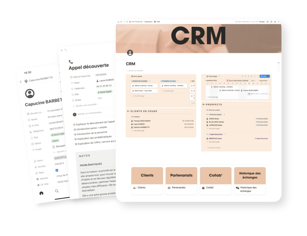 espace CRM notion personnalisé tableau de bord clients