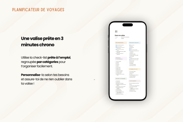 Template Notion Planificateur de voyages – organise facilement tes vacances avec un tableau de bord centralisé, la gestion des réservations, des to-do, du budget, de la valise, des bonnes adresses et du programme jour par jour.