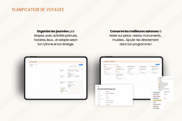 Template Notion Planificateur de voyages – organise facilement tes vacances avec un tableau de bord centralisé, la gestion des réservations, des to-do, du budget, de la valise, des bonnes adresses et du programme jour par jour.