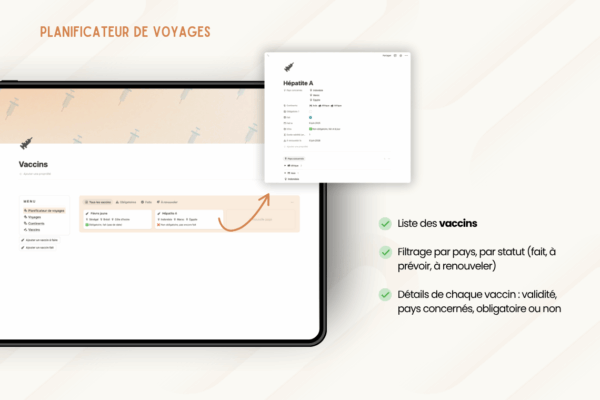Template Notion Planificateur de voyages – organise facilement tes vacances avec un tableau de bord centralisé, la gestion des réservations, des to-do, du budget, de la valise, des bonnes adresses et du programme jour par jour.