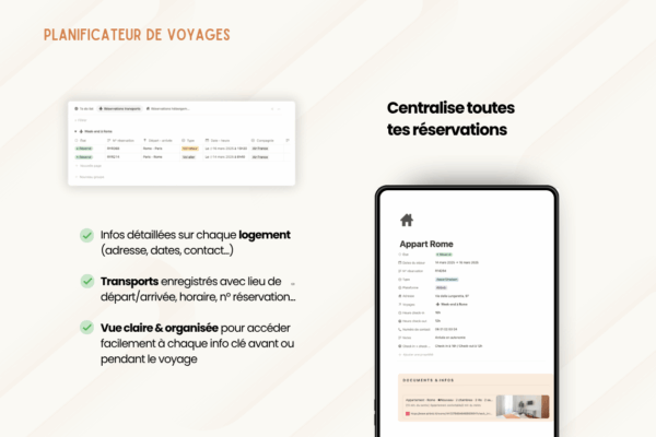 Template Notion Planificateur de voyages – organise facilement tes vacances avec un tableau de bord centralisé, la gestion des réservations, des to-do, du budget, de la valise, des bonnes adresses et du programme jour par jour.