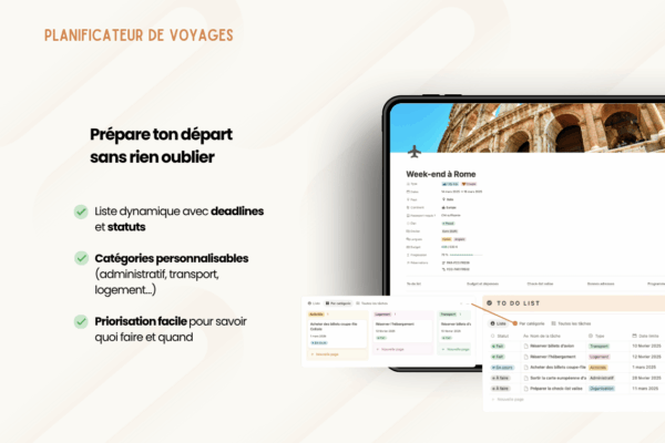 Template Notion Planificateur de voyages – organise facilement tes vacances avec un tableau de bord centralisé, la gestion des réservations, des to-do, du budget, de la valise, des bonnes adresses et du programme jour par jour.