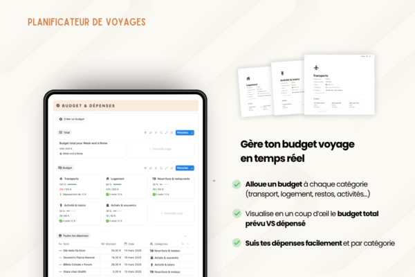 Template Notion Planificateur de voyages – organise facilement tes vacances avec un tableau de bord centralisé, la gestion des réservations, des to-do, du budget, de la valise, des bonnes adresses et du programme jour par jour.