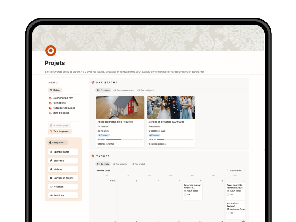 Espace projets Notion avec suivi objectifs, to-do list et deadlines - Template Life Planner organisation