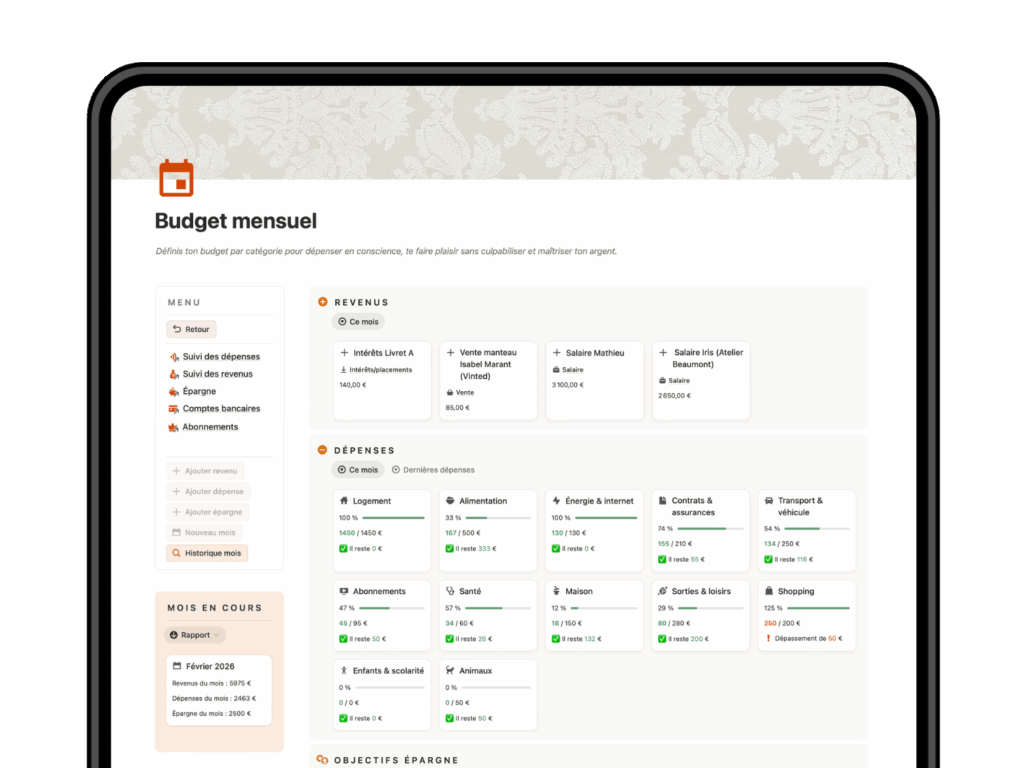 Tracker budget mensuel Notion avec suivi automatique des dépenses par catégorie - Template Life Planner