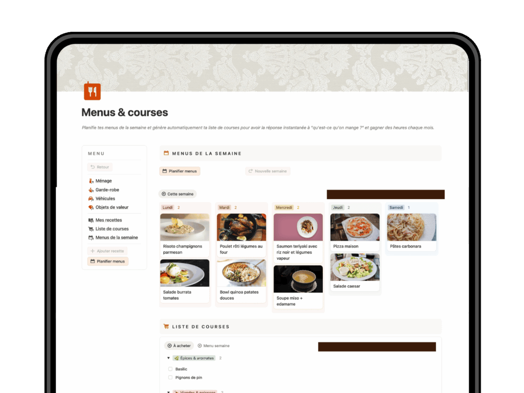 Template Notion planification menus hebdomadaires avec génération automatique de la liste de courses - Life Planner