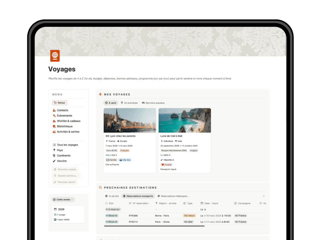 Template Notion organisation voyages avec checklist, budget et réservations - Life Planner