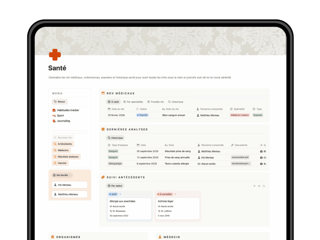 Suivi santé et historique RDV médicaux centralisé Notion - Template Life Planner